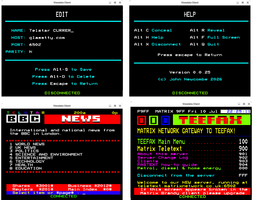Telstar Viewdata Client Screenshots